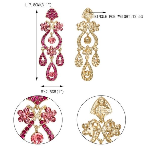 Yellow Gold with Raspberry Pink Austrian Crystal Flower Vase Chandelier Earrings - Picture 6 of 6